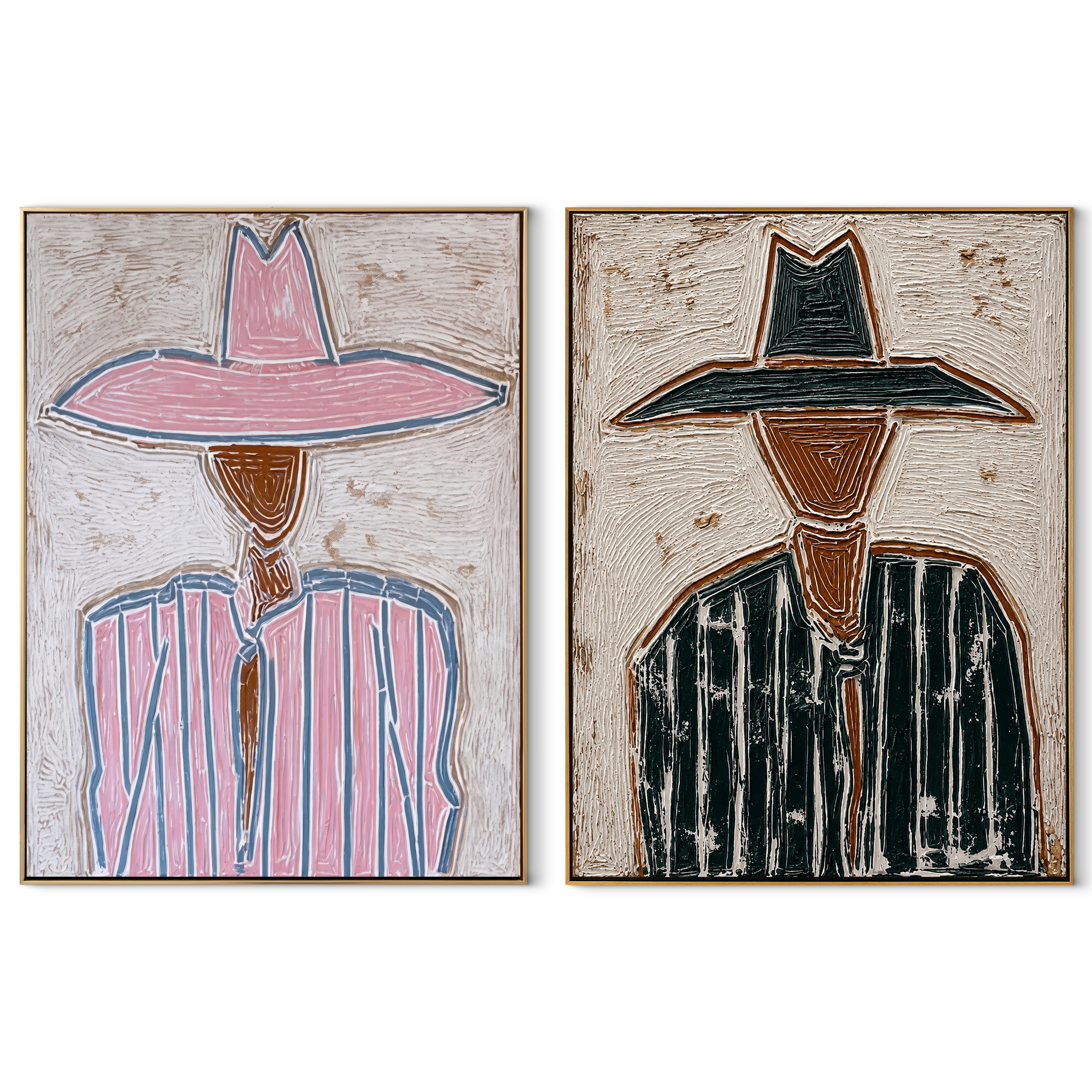 Pink Lines Meet Green - outlined cowgirl portrait by Elliot Vale, modern figurative set of 2 wall art - complete two-panel artwork set on white background