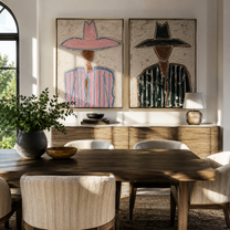 Pink Lines Meet Green - outlined cowgirl portrait by Elliot Vale, modern figurative set of 2 wall art - styled room scene view 2