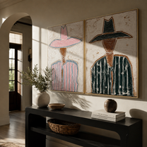 Pink Lines Meet Green - outlined cowgirl portrait by Elliot Vale, modern figurative set of 2 wall art - styled room scene view 3