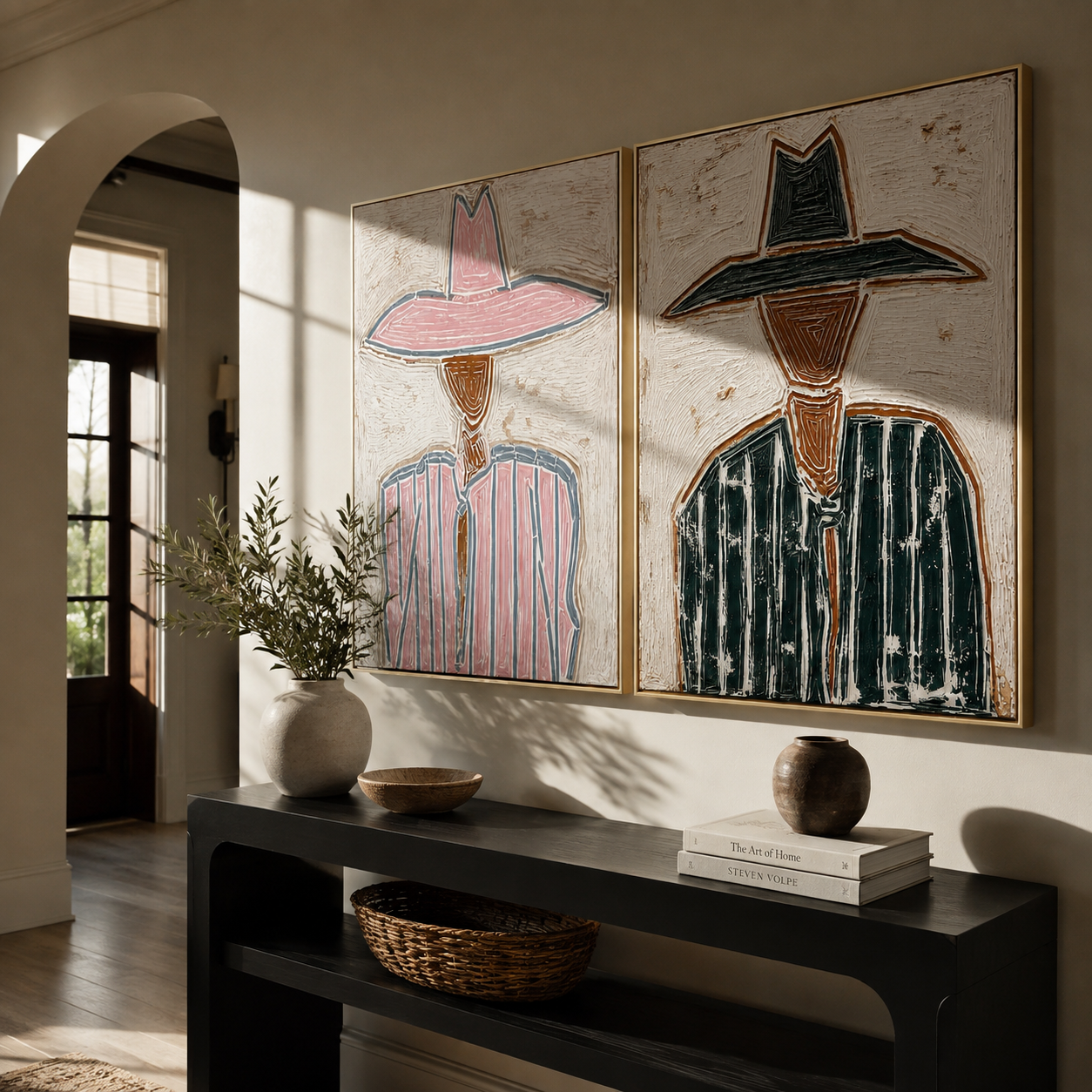 Pink Lines Meet Green - outlined cowgirl portrait by Elliot Vale, modern figurative set of 2 wall art - styled room scene view 3