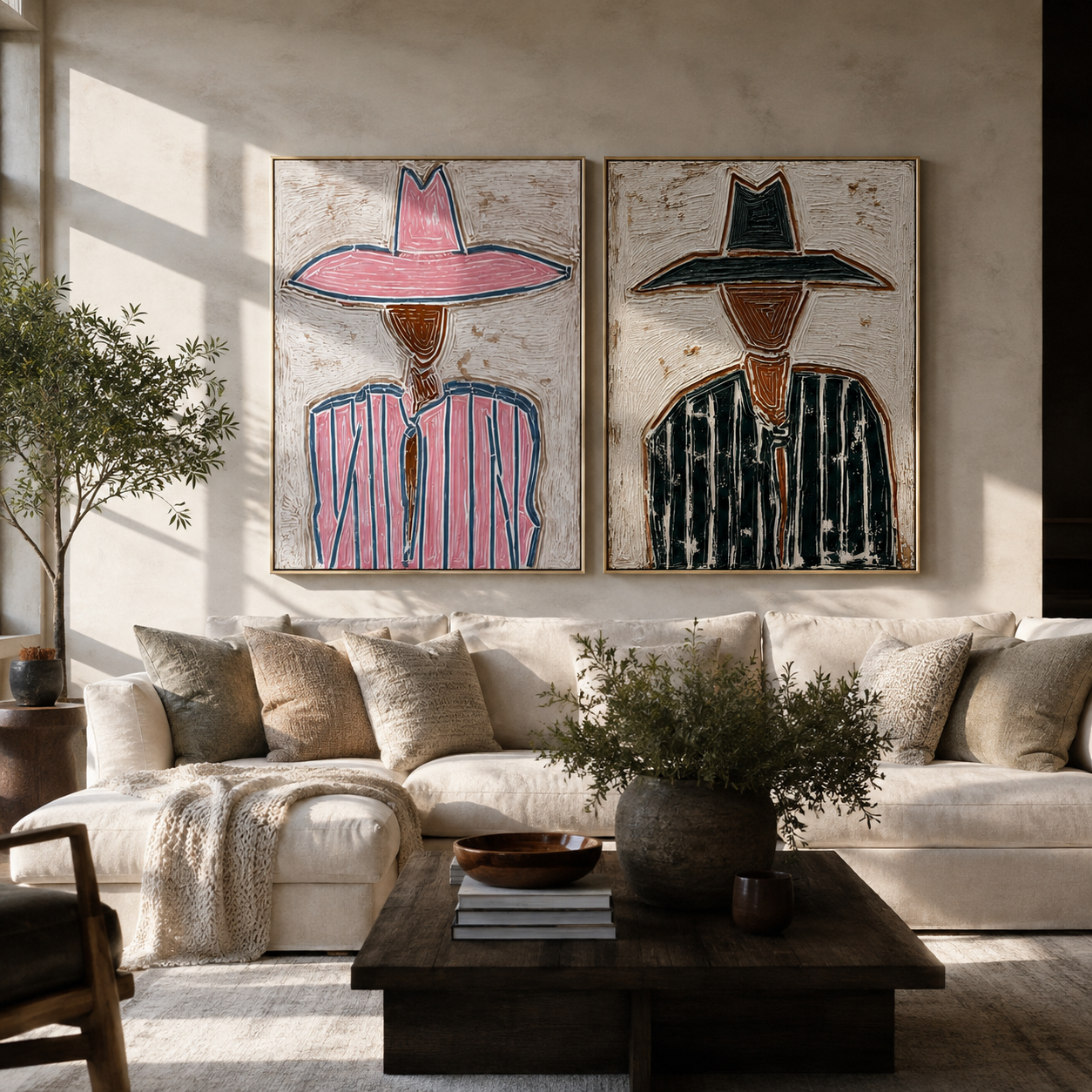Pink Lines Meet Green - outlined cowgirl portrait by Elliot Vale, modern figurative set of 2 wall art - styled room scene view 4