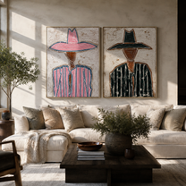 Pink Lines Meet Green - outlined cowgirl portrait by Elliot Vale, modern figurative set of 2 wall art - styled room scene view 4