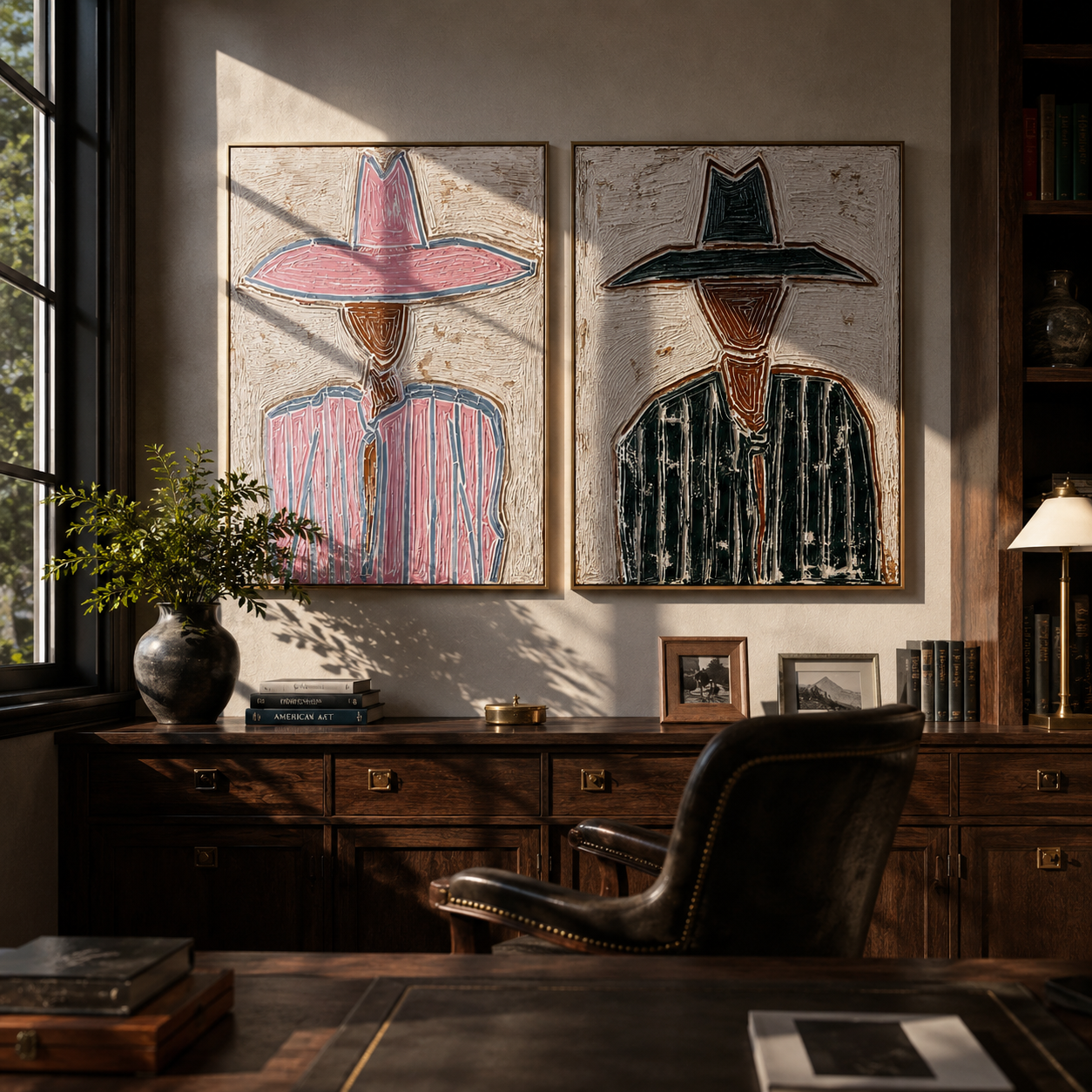 Pink Lines Meet Green - outlined cowgirl portrait by Elliot Vale, modern figurative set of 2 wall art - styled room scene view 5