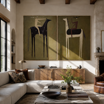 Night Horses Trade Places - dark horse rider by Elliot Vale, modern figurative set of 2 wall art - styled room scene view 1