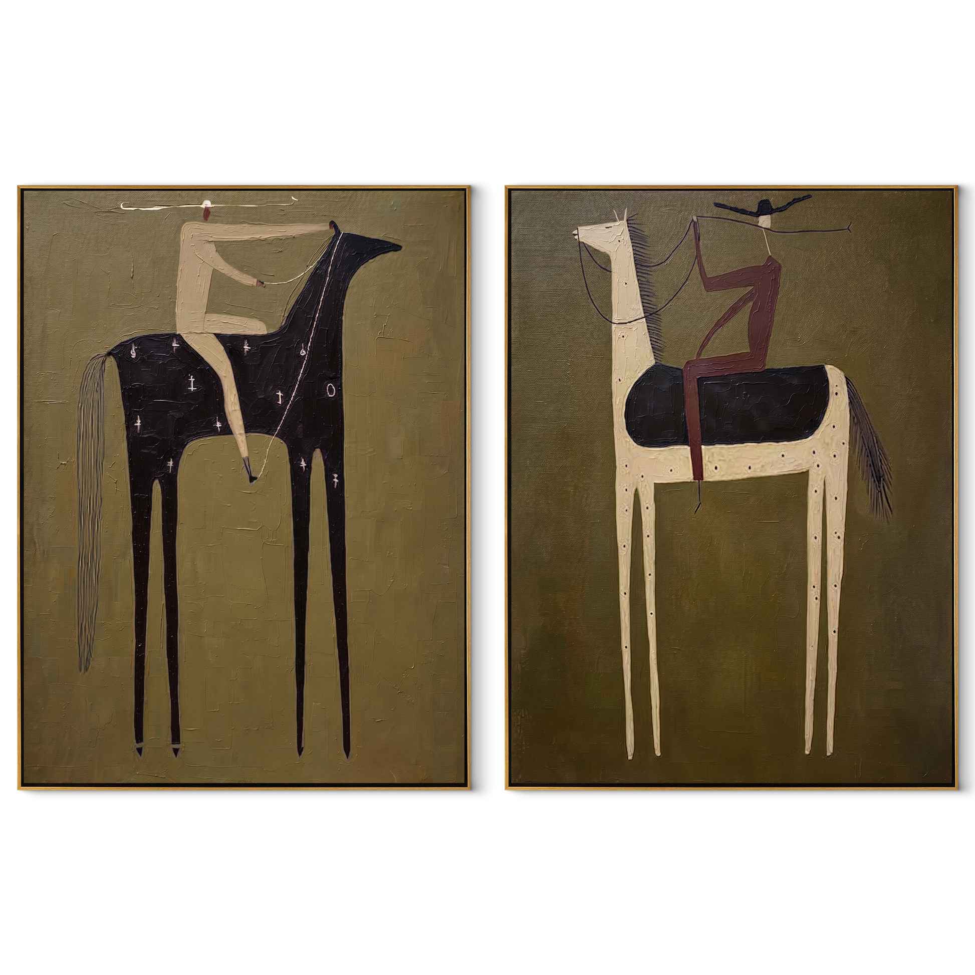 Night Horses Trade Places - dark horse rider by Elliot Vale, modern figurative set of 2 wall art - complete two-panel artwork set on white background