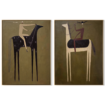 Night Horses Trade Places - dark horse rider by Elliot Vale, modern figurative set of 2 wall art - complete two-panel artwork set on white background