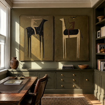 Night Horses Trade Places - dark horse rider by Elliot Vale, modern figurative set of 2 wall art - styled room scene view 2