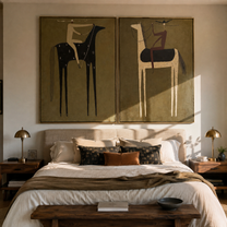 Night Horses Trade Places - dark horse rider by Elliot Vale, modern figurative set of 2 wall art - styled room scene view 3