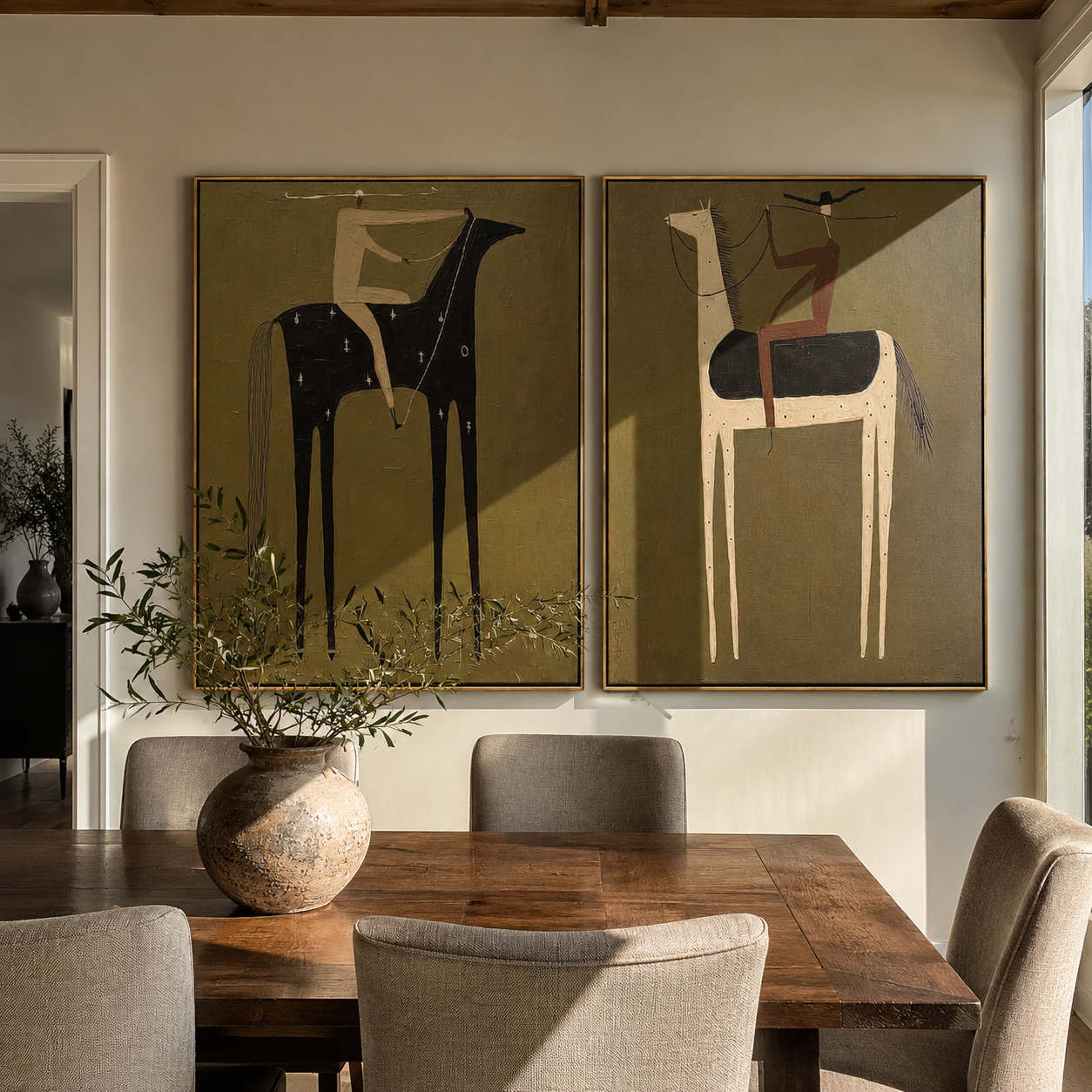 Night Horses Trade Places - dark horse rider by Elliot Vale, modern figurative set of 2 wall art - styled room scene view 4