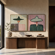 Mint Brims Hold Stripes - broad hat woman portrait by Elliot Vale, modern figurative set of 2 wall art - styled room scene view 1