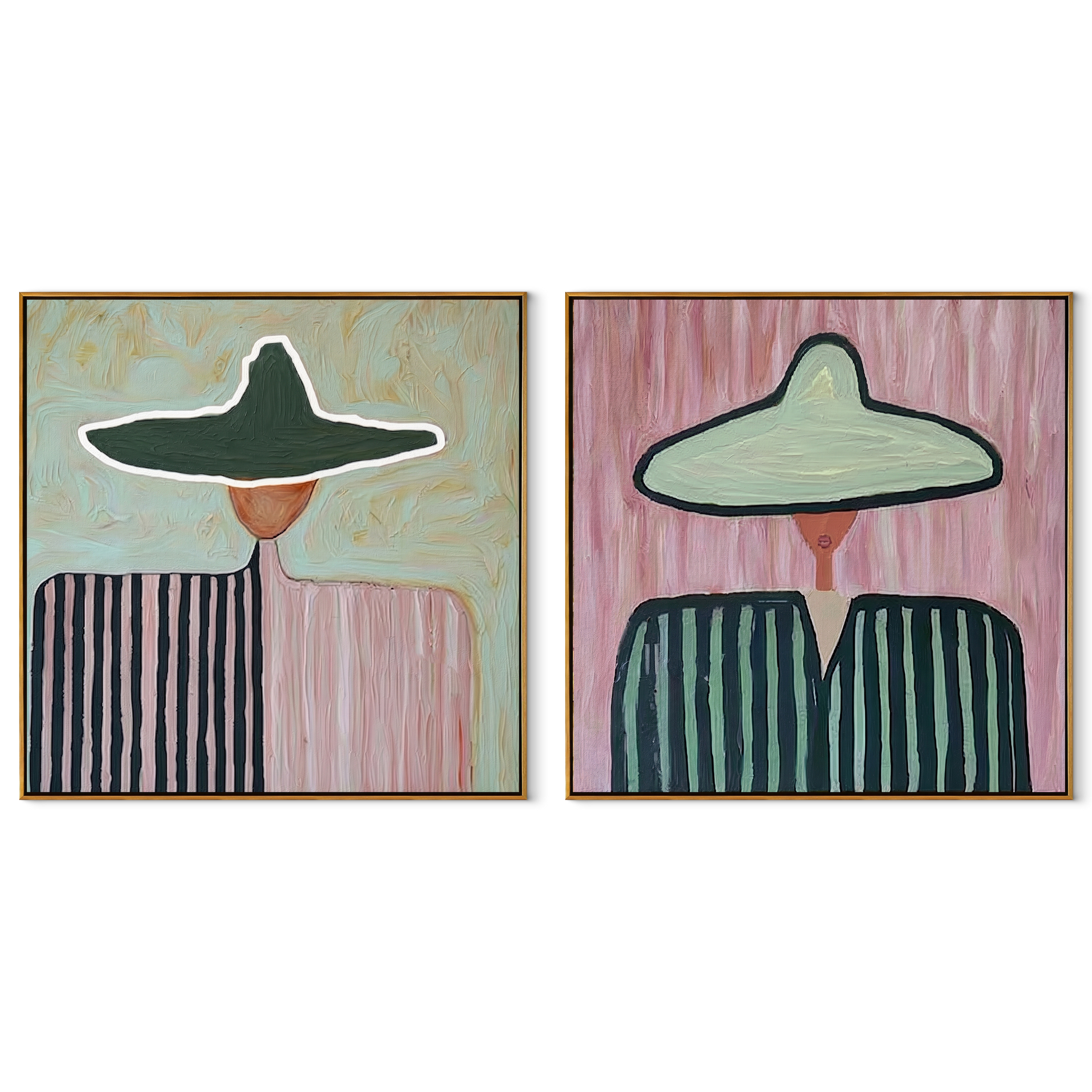 Mint Brims Hold Stripes - broad hat woman portrait by Elliot Vale, modern figurative set of 2 wall art - complete two-panel artwork set on white background