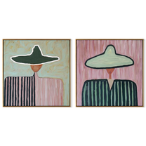 Mint Brims Hold Stripes - broad hat woman portrait by Elliot Vale, modern figurative set of 2 wall art - complete two-panel artwork set on white background