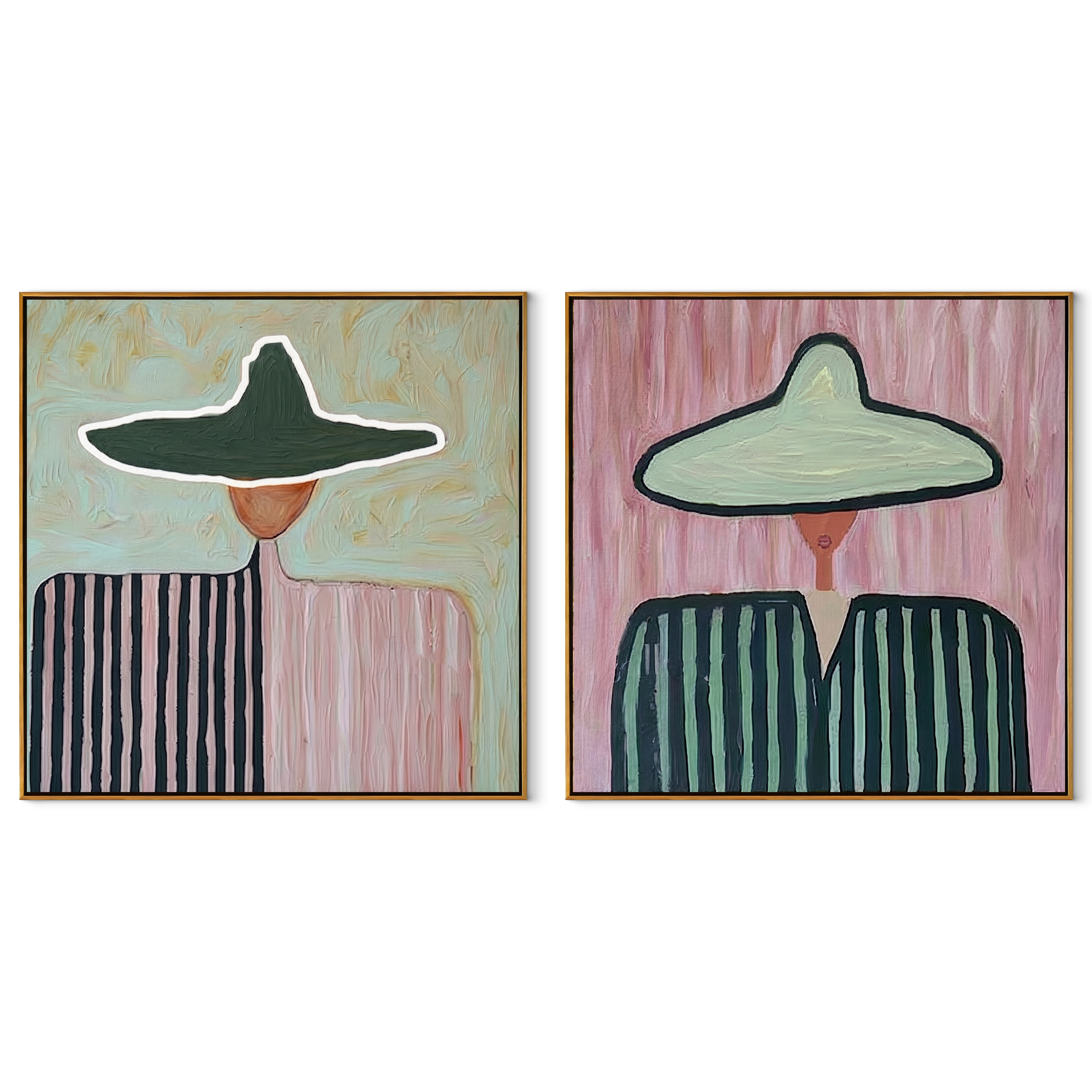 Mint Brims Hold Stripes - broad hat woman portrait by Elliot Vale, modern figurative set of 2 wall art - complete two-panel artwork set on white background