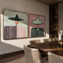 Mint Brims Hold Stripes - broad hat woman portrait by Elliot Vale, modern figurative set of 2 wall art - styled room scene view 2
