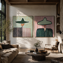 Mint Brims Hold Stripes - broad hat woman portrait by Elliot Vale, modern figurative set of 2 wall art - styled room scene view 3
