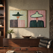 Mint Brims Hold Stripes - broad hat woman portrait by Elliot Vale, modern figurative set of 2 wall art - styled room scene view 4