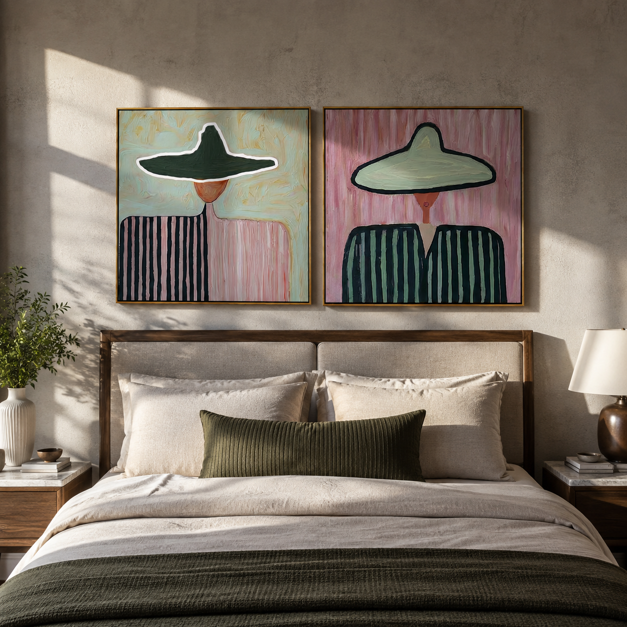 Mint Brims Hold Stripes - broad hat woman portrait by Elliot Vale, modern figurative set of 2 wall art - styled room scene view 5