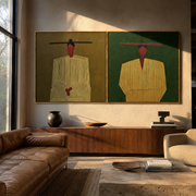 Yellow Coats Wait Together - minimal suited cowboy by Elliot Vale, modern figurative set of 2 wall art - styled room scene view 1