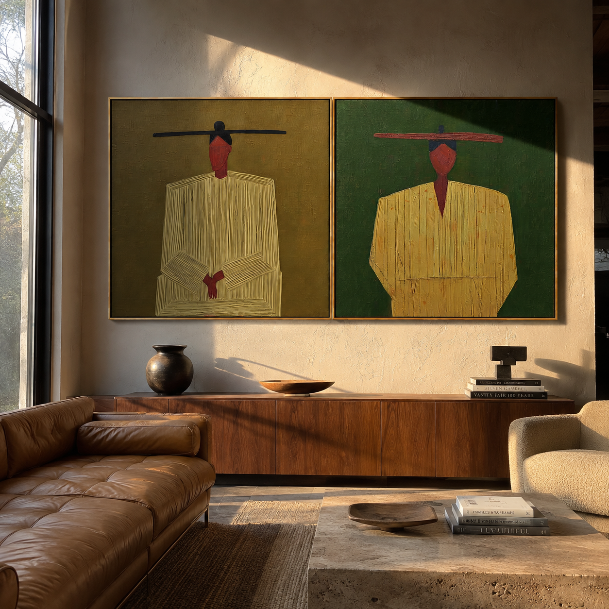 Yellow Coats Wait Together - minimal suited cowboy by Elliot Vale, modern figurative set of 2 wall art - styled room scene view 1