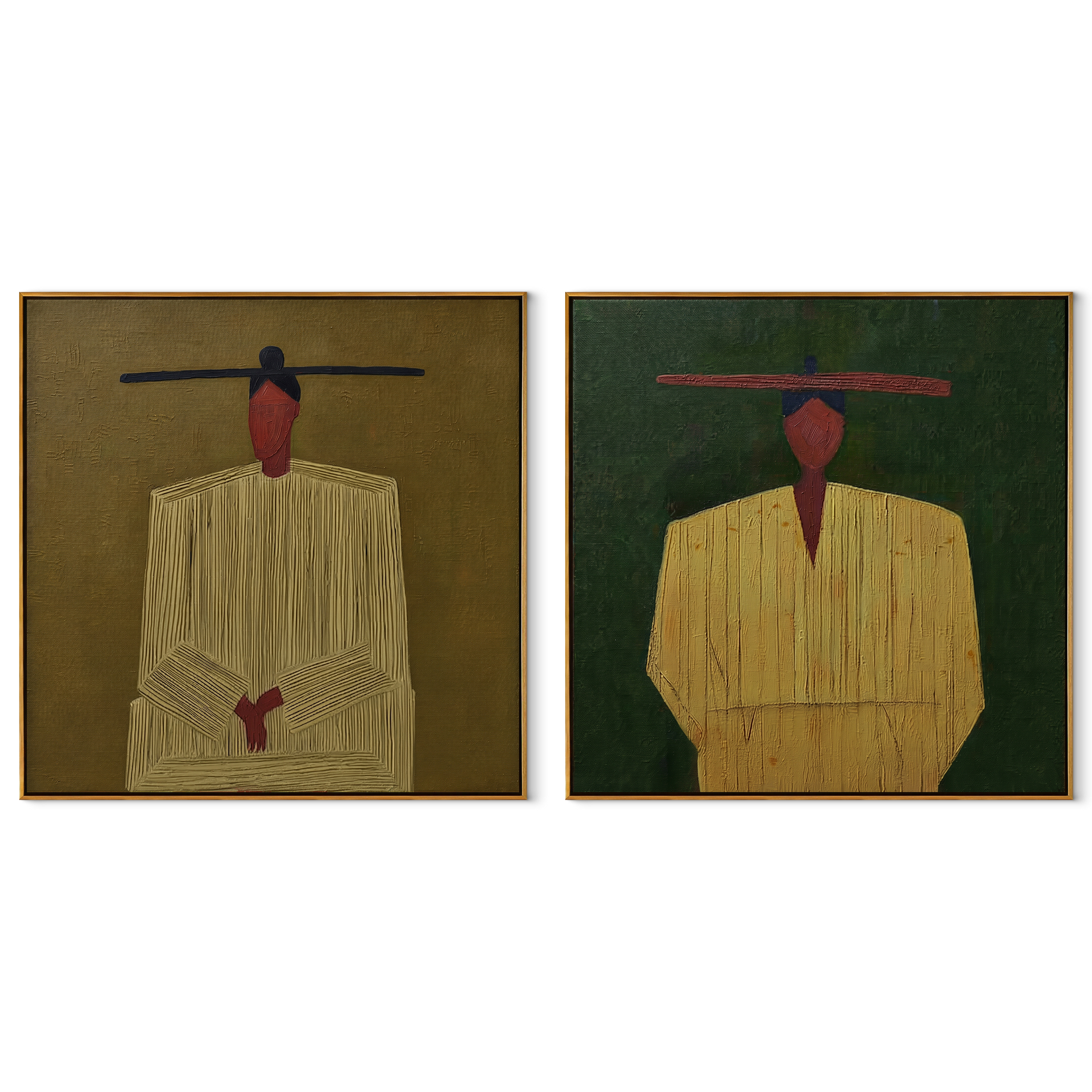 Yellow Coats Wait Together - minimal suited cowboy by Elliot Vale, modern figurative set of 2 wall art - complete two-panel artwork set on white background