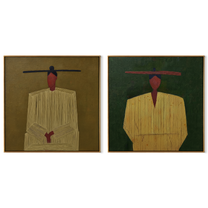 Yellow Coats Wait Together - minimal suited cowboy by Elliot Vale, modern figurative set of 2 wall art - complete two-panel artwork set on white background