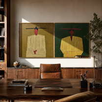 Yellow Coats Wait Together - minimal suited cowboy by Elliot Vale, modern figurative set of 2 wall art - styled room scene view 2