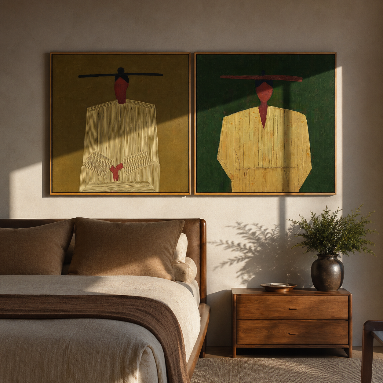 Yellow Coats Wait Together - minimal suited cowboy by Elliot Vale, modern figurative set of 2 wall art - styled room scene view 3