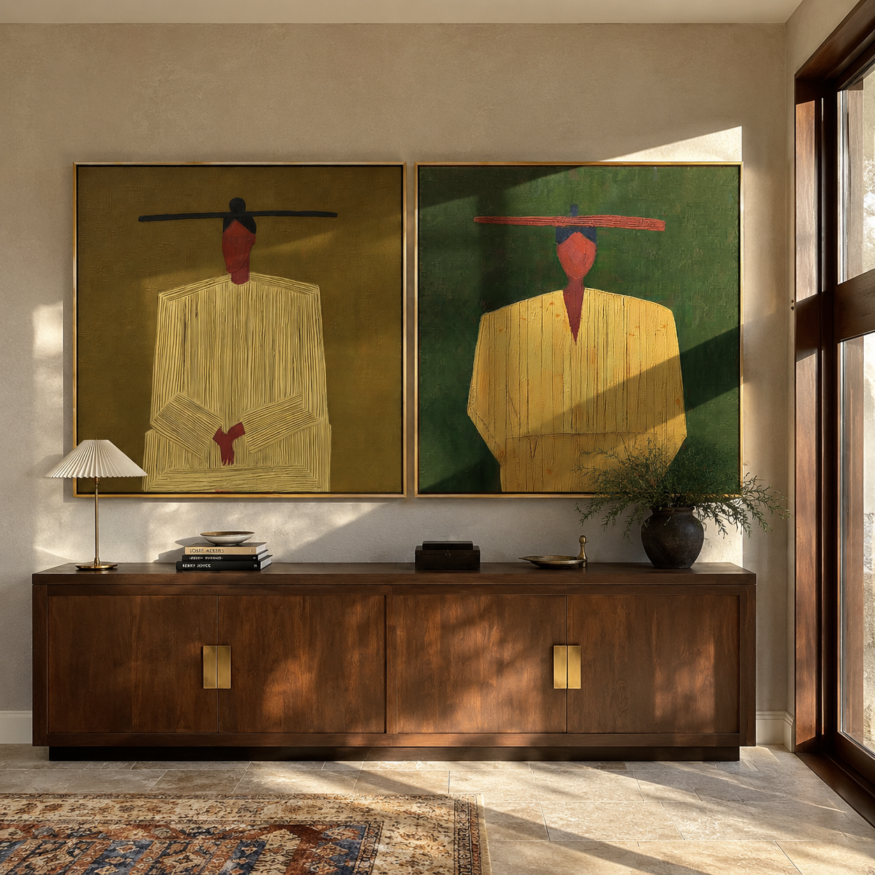 Yellow Coats Wait Together - minimal suited cowboy by Elliot Vale, modern figurative set of 2 wall art - styled room scene view 4