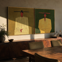 Yellow Coats Wait Together - minimal suited cowboy by Elliot Vale, modern figurative set of 2 wall art - styled room scene view 5