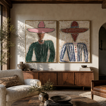 Rose Hats Guard Grain - textured pink hat portrait by Elliot Vale, modern figurative set of 2 wall art - styled room scene view 1