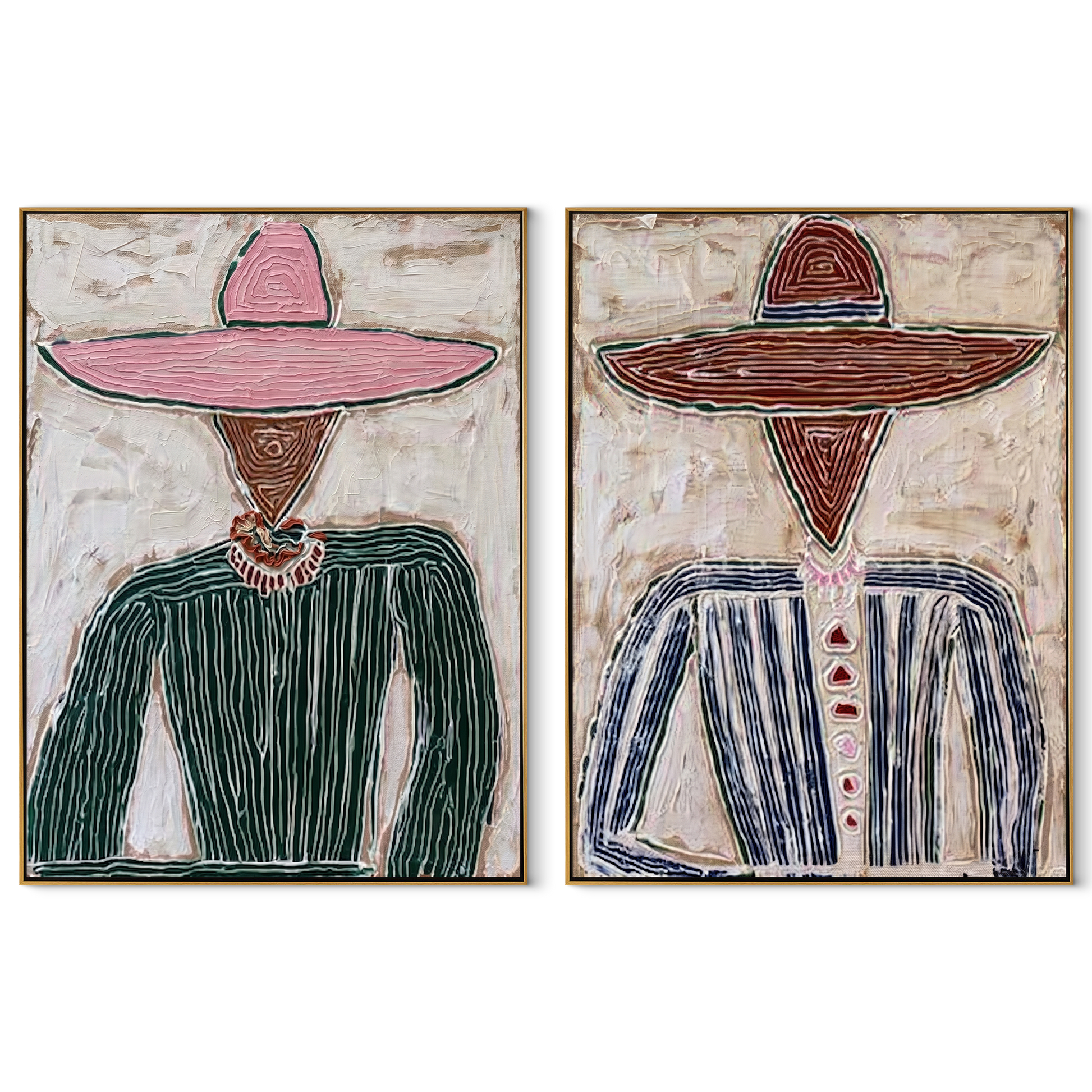 Rose Hats Guard Grain - textured pink hat portrait by Elliot Vale, modern figurative set of 2 wall art - complete two-panel artwork set on white background