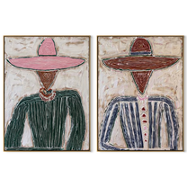 Rose Hats Guard Grain - textured pink hat portrait by Elliot Vale, modern figurative set of 2 wall art - complete two-panel artwork set on white background
