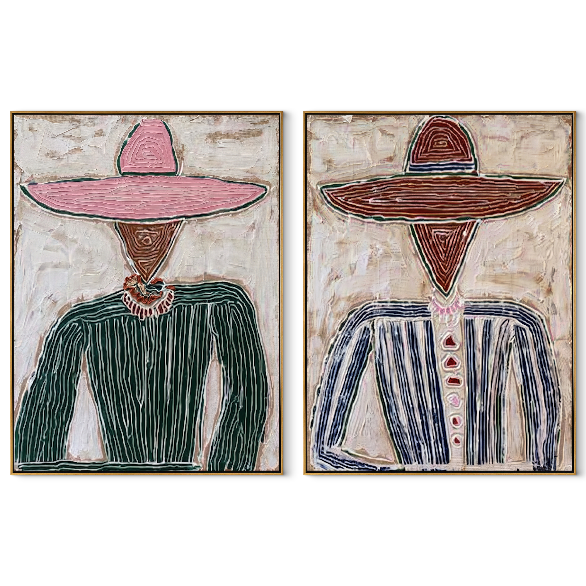 Rose Hats Guard Grain - textured pink hat portrait by Elliot Vale, modern figurative set of 2 wall art - complete two-panel artwork set on white background