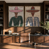 Rose Hats Guard Grain - textured pink hat portrait by Elliot Vale, modern figurative set of 2 wall art - styled room scene view 2