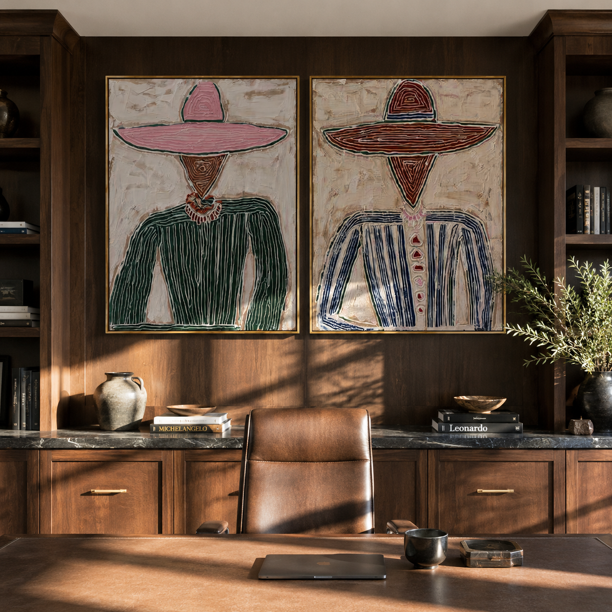 Rose Hats Guard Grain - textured pink hat portrait by Elliot Vale, modern figurative set of 2 wall art - styled room scene view 2