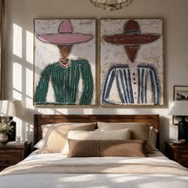 Rose Hats Guard Grain - textured pink hat portrait by Elliot Vale, modern figurative set of 2 wall art - styled room scene view 3