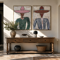 Rose Hats Guard Grain - textured pink hat portrait by Elliot Vale, modern figurative set of 2 wall art - styled room scene view 4