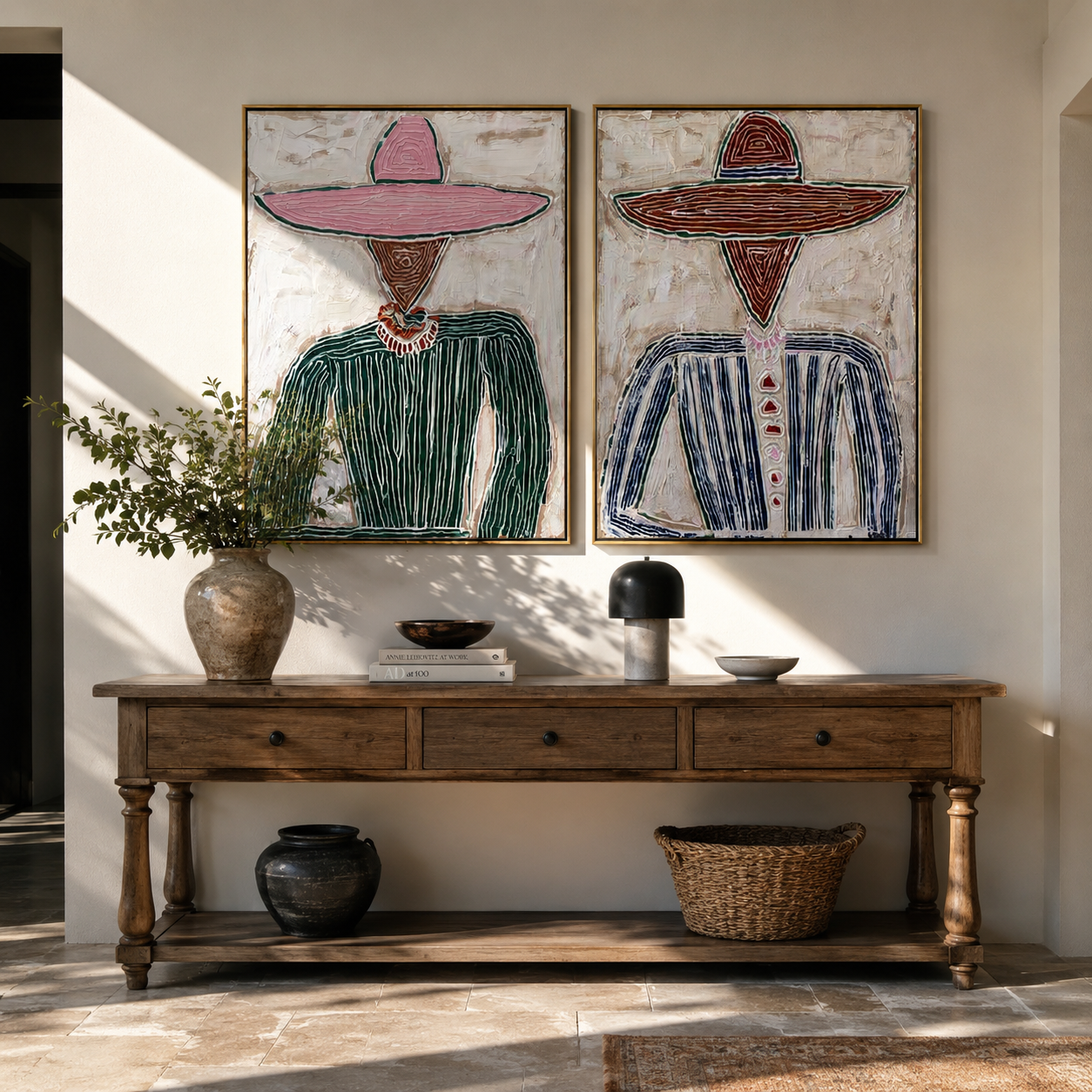 Rose Hats Guard Grain - textured pink hat portrait by Elliot Vale, modern figurative set of 2 wall art - styled room scene view 4