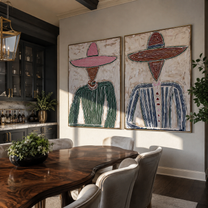 Rose Hats Guard Grain - textured pink hat portrait by Elliot Vale, modern figurative set of 2 wall art - styled room scene view 5