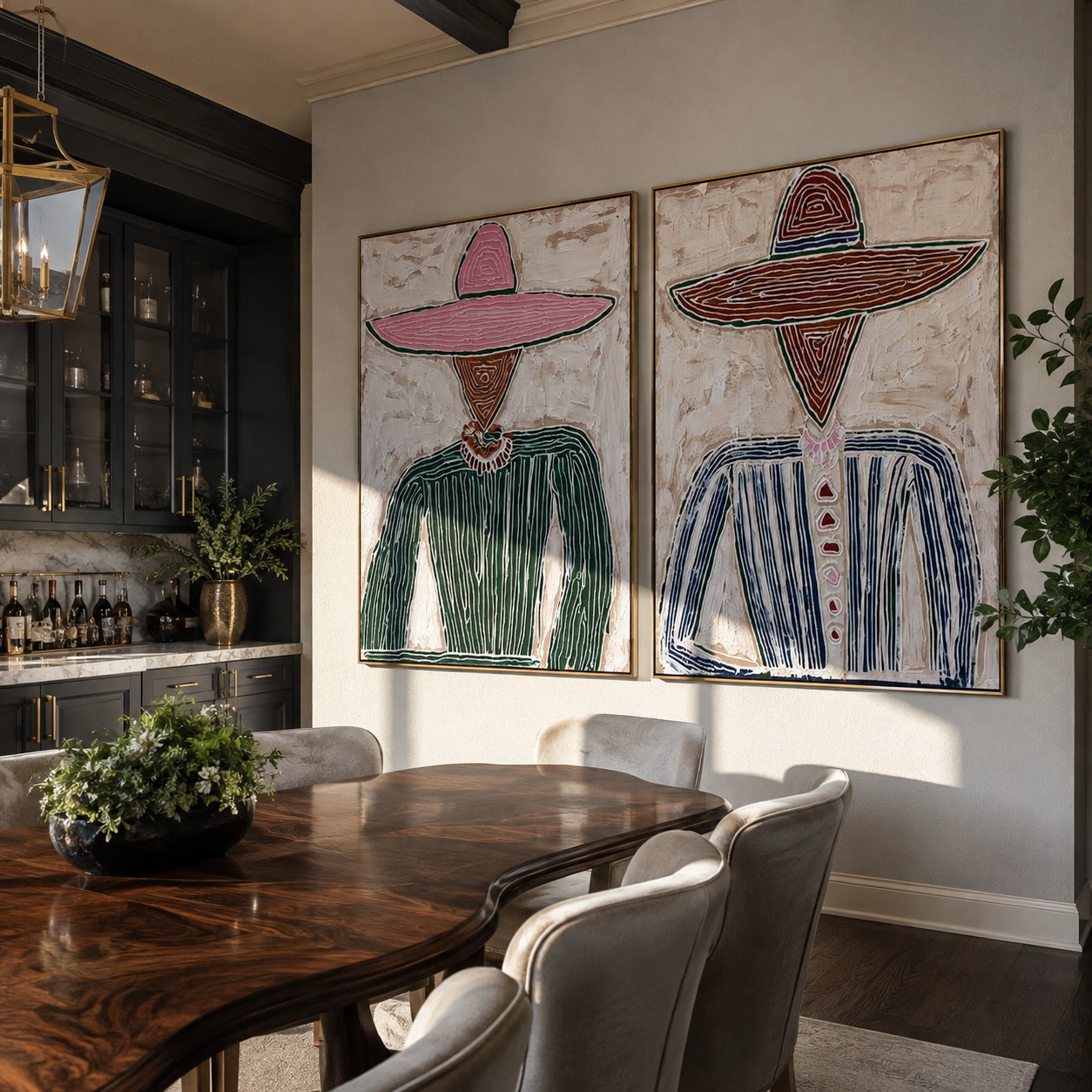 Rose Hats Guard Grain - textured pink hat portrait by Elliot Vale, modern figurative set of 2 wall art - styled room scene view 5