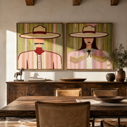 Paired Brims Keep Poise - fringed Western women by Elliot Vale, modern figurative set of 2 wall art - styled room scene view 1