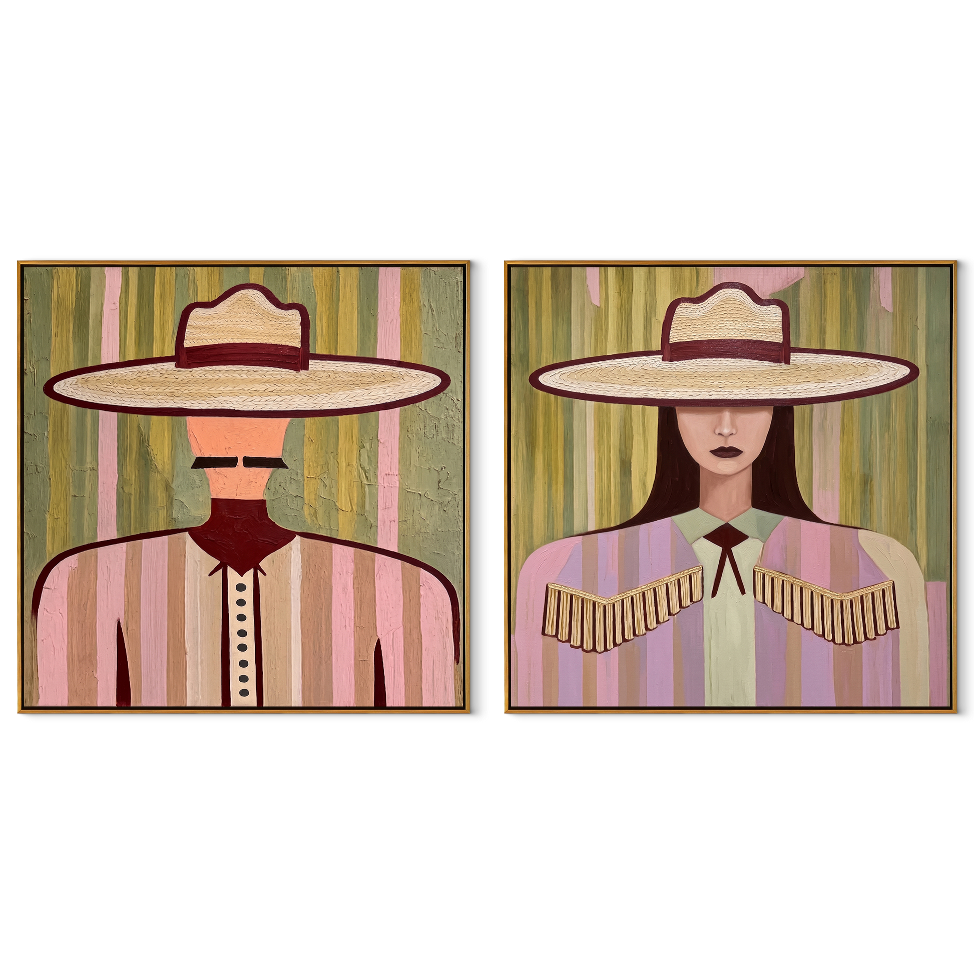 Paired Brims Keep Poise - fringed Western women by Elliot Vale, modern figurative set of 2 wall art - complete two-panel artwork set on white background
