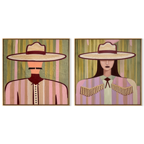 Paired Brims Keep Poise - fringed Western women by Elliot Vale, modern figurative set of 2 wall art - complete two-panel artwork set on white background