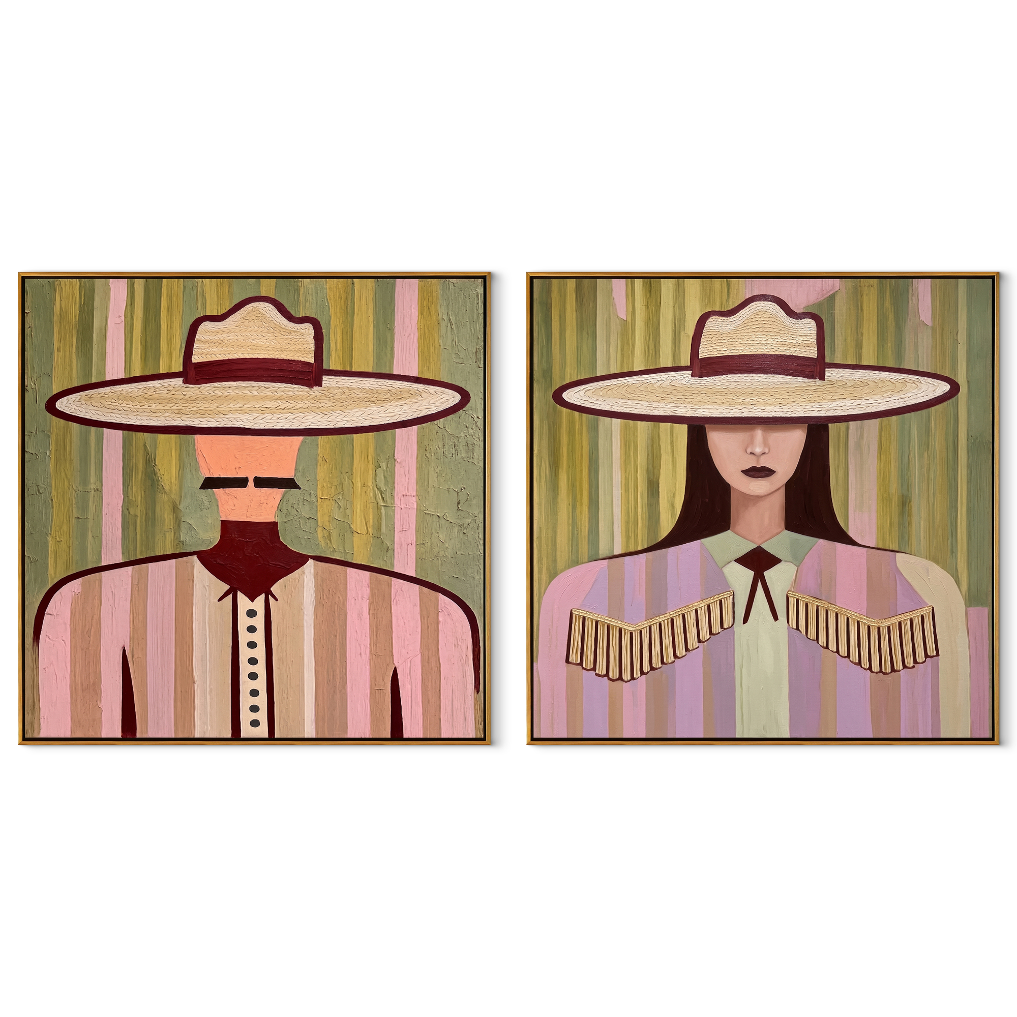 Paired Brims Keep Poise - fringed Western women by Elliot Vale, modern figurative set of 2 wall art - complete two-panel artwork set on white background