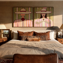 Paired Brims Keep Poise - fringed Western women by Elliot Vale, modern figurative set of 2 wall art - styled room scene view 2