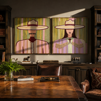 Paired Brims Keep Poise - fringed Western women by Elliot Vale, modern figurative set of 2 wall art - styled room scene view 3