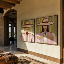 Paired Brims Keep Poise - fringed Western women by Elliot Vale, modern figurative set of 2 wall art - styled room scene view 4