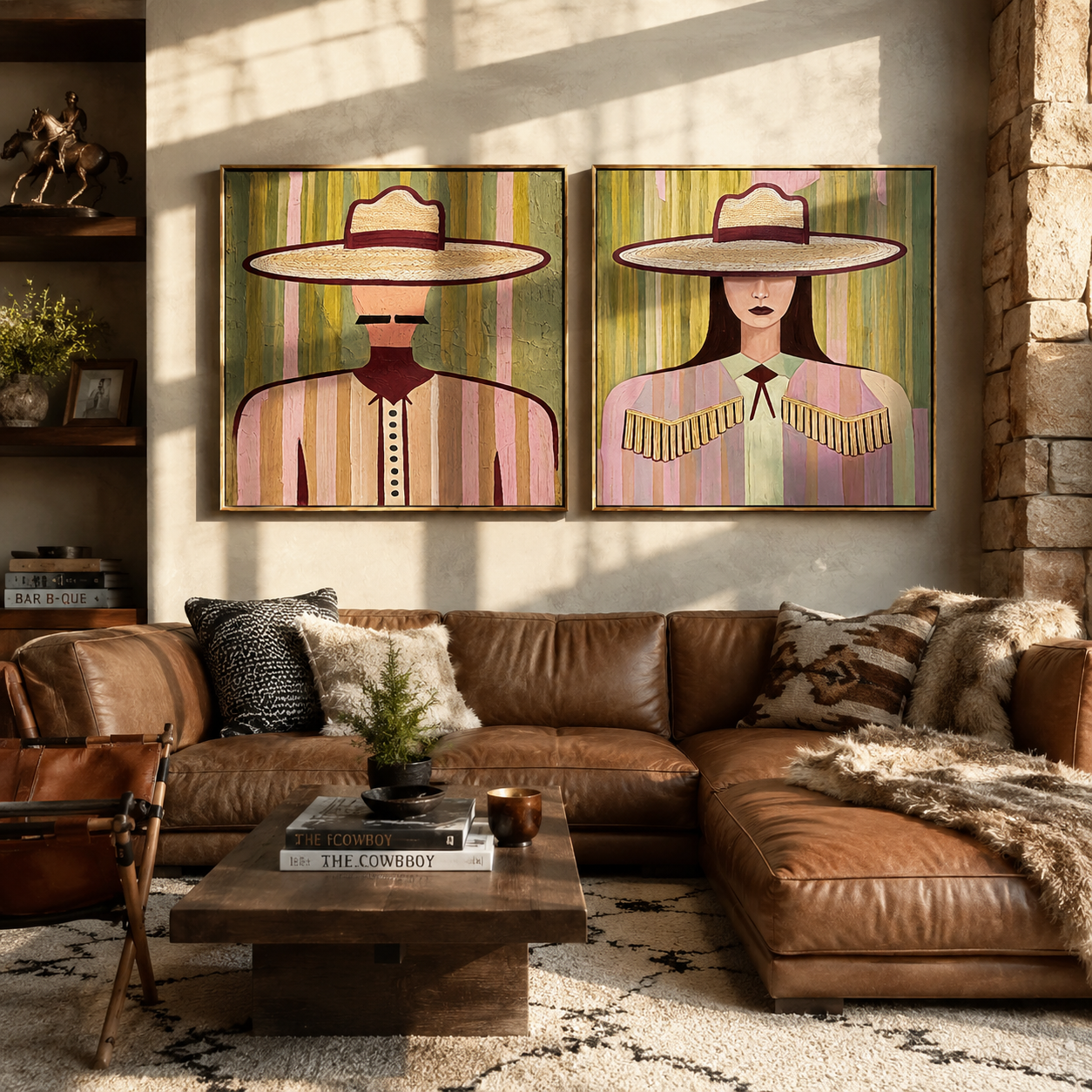 Paired Brims Keep Poise - fringed Western women by Elliot Vale, modern figurative set of 2 wall art - styled room scene view 5