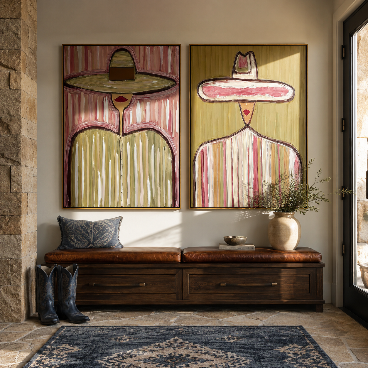 Sombrero Crowns Share Rose - tall sombrero figure by Elliot Vale, modern figurative set of 2 wall art - styled room scene view 1