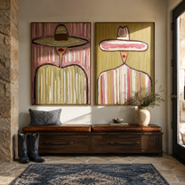 Sombrero Crowns Share Rose - tall sombrero figure by Elliot Vale, modern figurative set of 2 wall art - styled room scene view 1